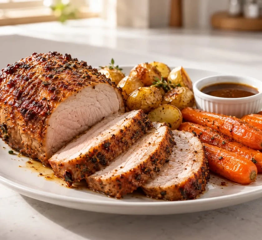 Rôti de porc au Airfryer doré et tranché avec légumes et jus