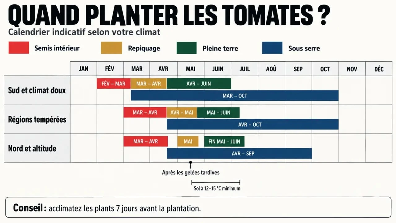 Infographie planter les tomates quand selon la région, les gelées et le mode de culture