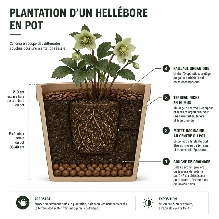Schéma de plantation d'une rose de noel exterieur en pot avec drainage et paillage