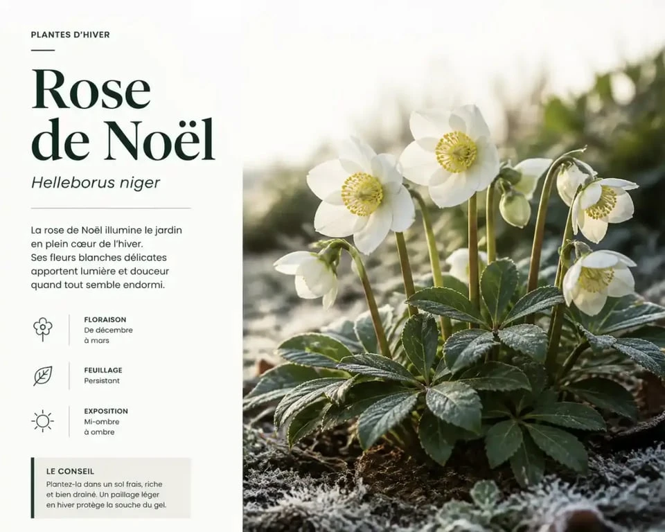 Rose de Noël extérieur en fleur dans un massif de jardin en hiver