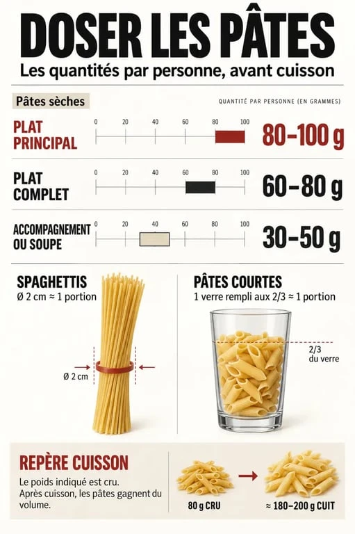 Infographie pate pour une personne avec les quantités de pâtes sèches selon le repas