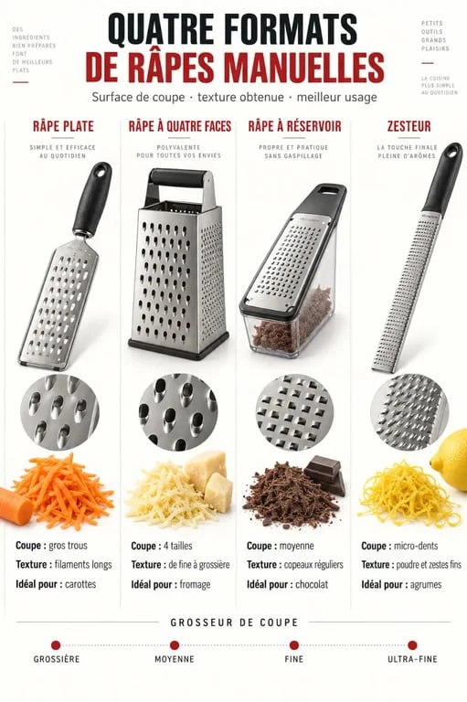 Infographie des formats de râpe manuelle pour carottes, fromage, chocolat et agrumes