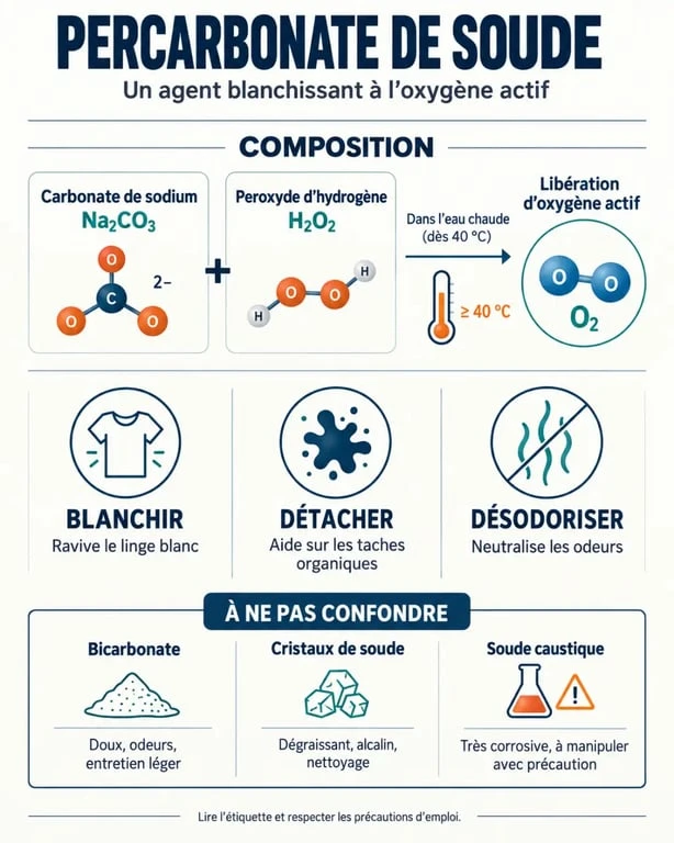 Infographie sur le percarbonate de soude, sa composition, son activation et ses usages