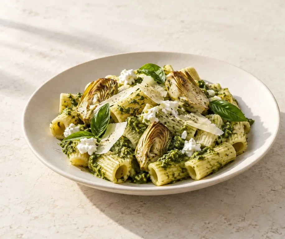 Recette avec cœur d’artichaut : pâtes crémeuses au pesto et au chèvre