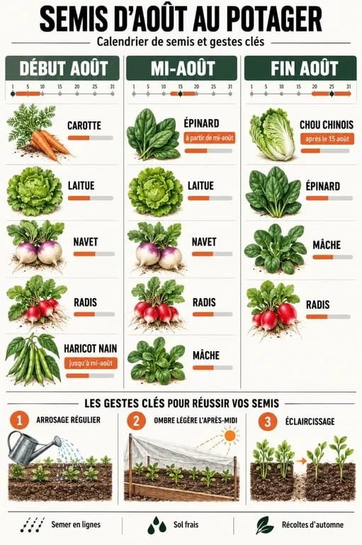 Infographie des semis d’août au potager avec calendrier des légumes à semer