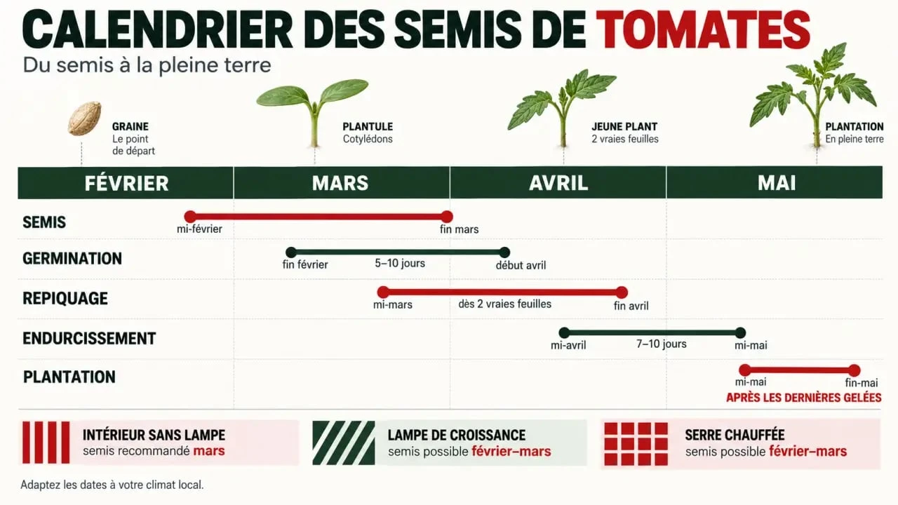 Calendrier visuel quand semis tomates de février à mai jusqu'à la plantation