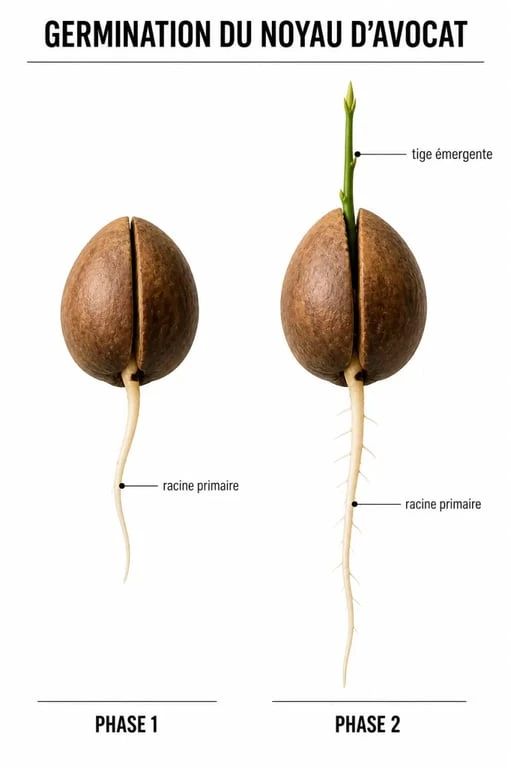 Noyau d avocat en germination avec racine et tige