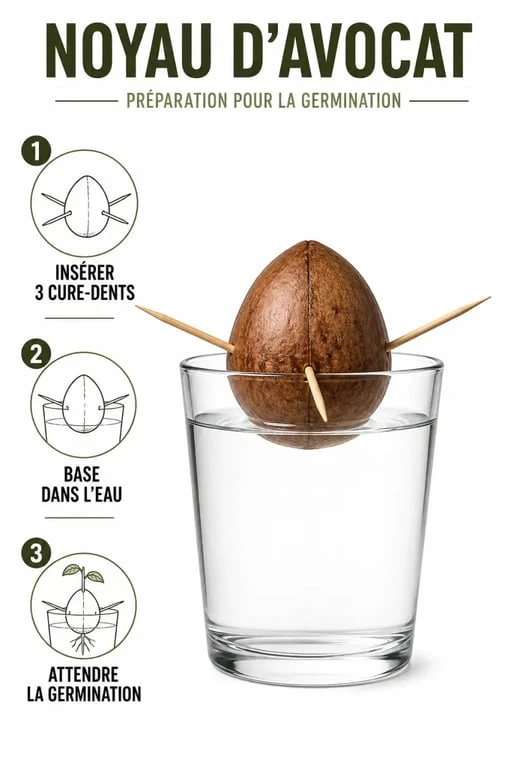 Noyau d avocat préparé dans un verre avec cure-dents pour la germination