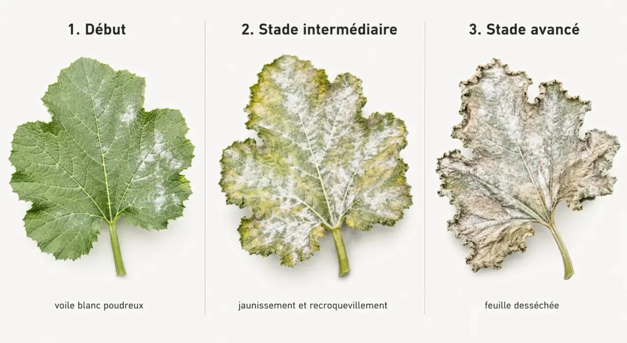 Traitement oidium courgette : progression des symptômes sur une feuille de courgette, du blanc poudreux au jaunissement