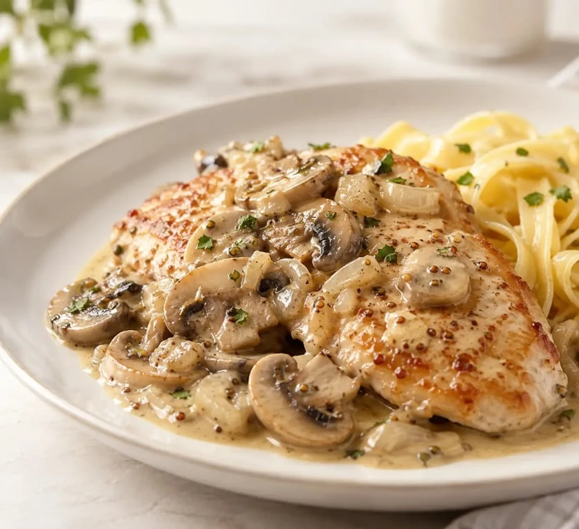 Escalopes de dinde à la crème avec champignons et sauce moutardée