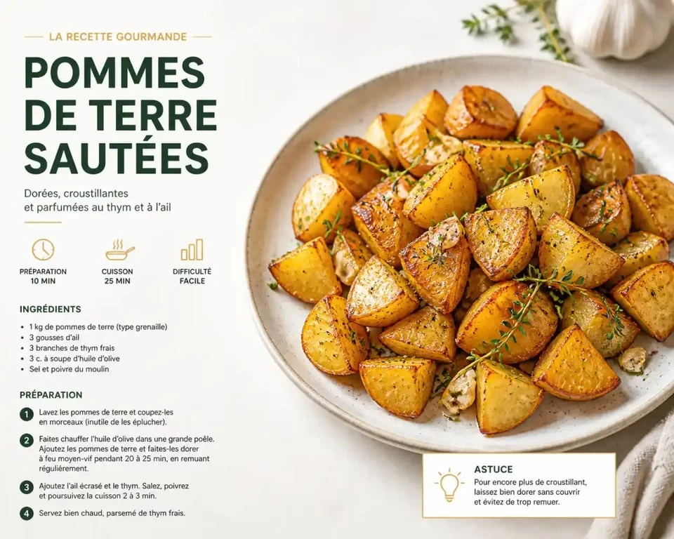 Recette de pommes de terre sautées dorées et croustillantes dans une assiette
