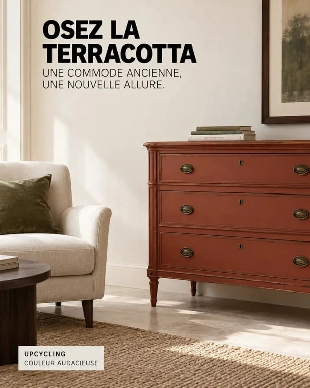 Meuble tendance 2025 avec commode chinée repeinte en couleur terracotta