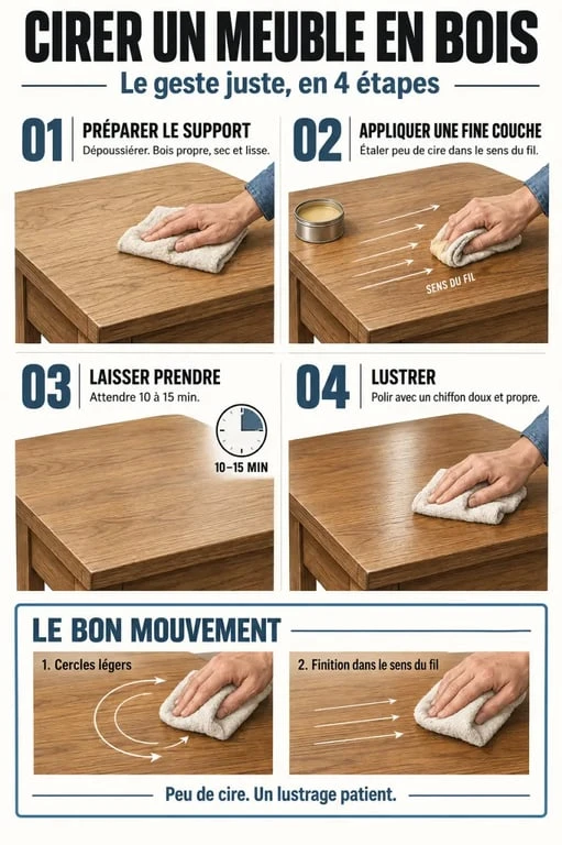Étapes illustrées pour cirer un meuble en bois et lustrer la cire