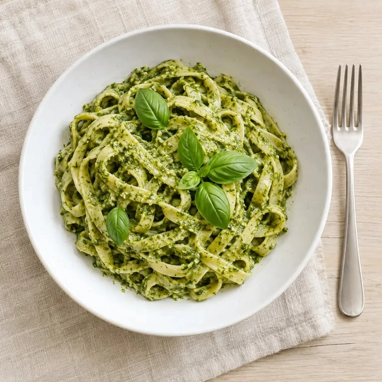 Pâtes fraîches enrobées de recette pour pesto basilic maison vues de dessus