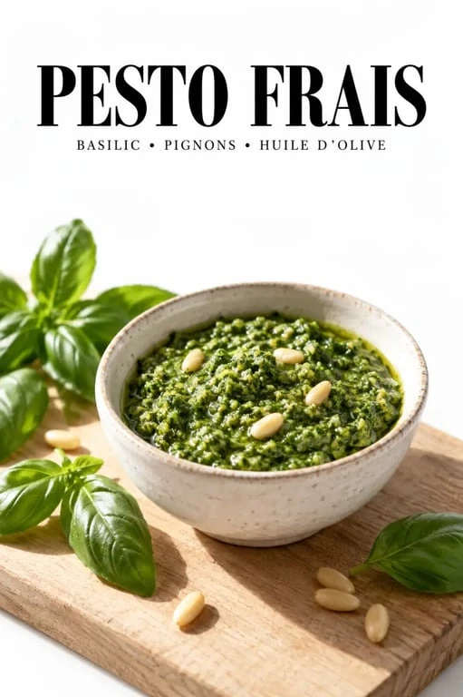 Recette pour pesto basilic maison dans un bol avec pignons de pin et feuilles fraîches