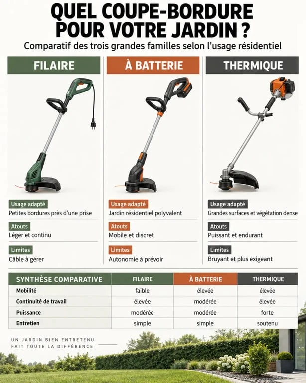 Infographie comparative pour choisir le meilleur coupe-bordure filaire, à batterie ou thermique