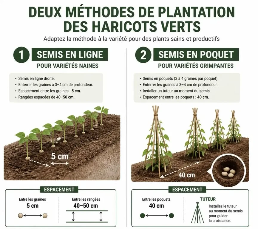 Schéma comparatif des techniques de plantation des haricots verts nains et grimpants