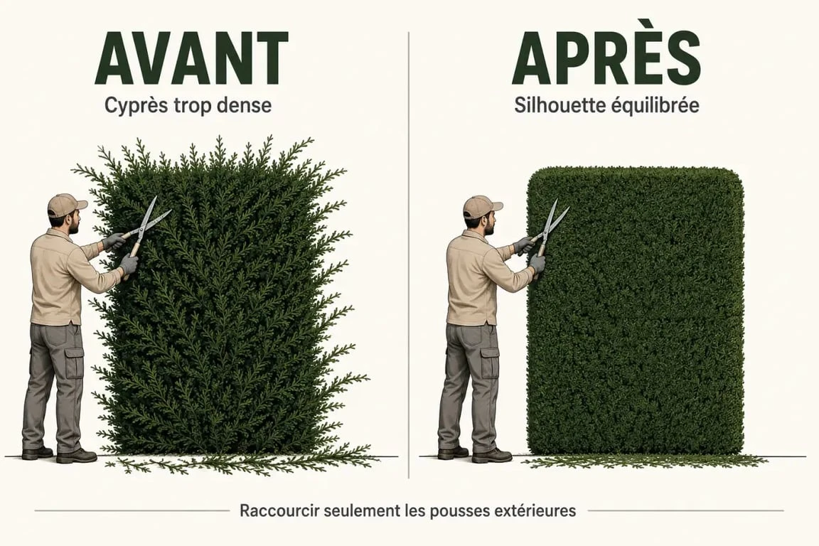taille cypres : avant et après la taille d’une haie de cyprès, silhouette dense et équilibrée