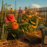 Fleurs ete : dahlia, rudbeckia et sauge au jardin en fleurs