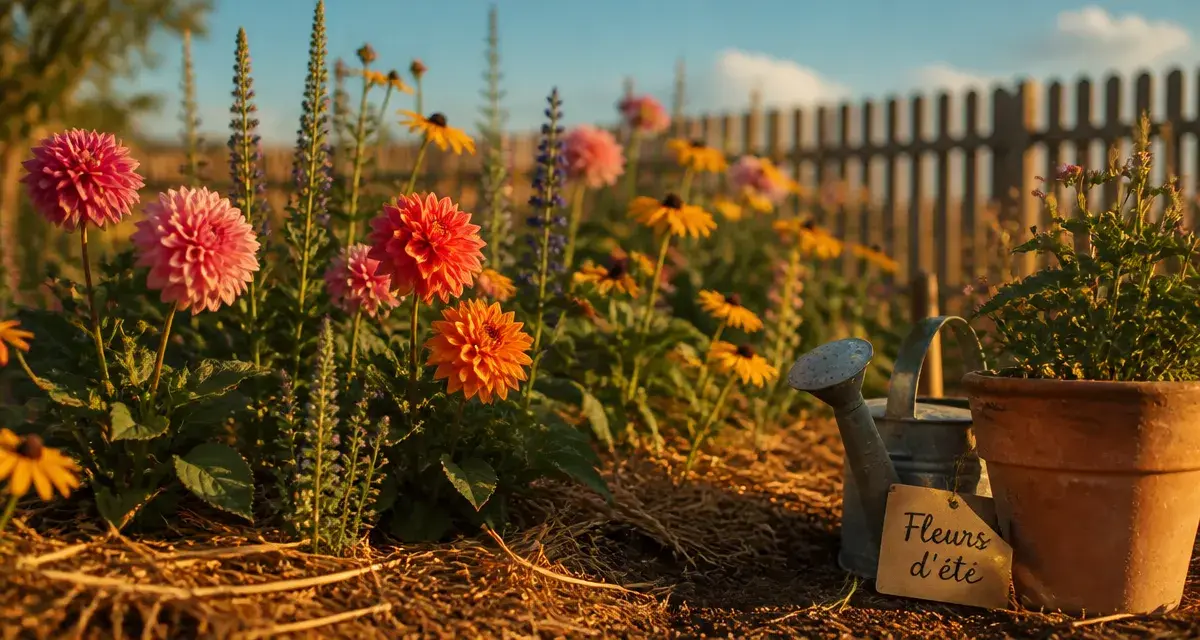 Fleurs ete : dahlia, rudbeckia et sauge au jardin en fleurs