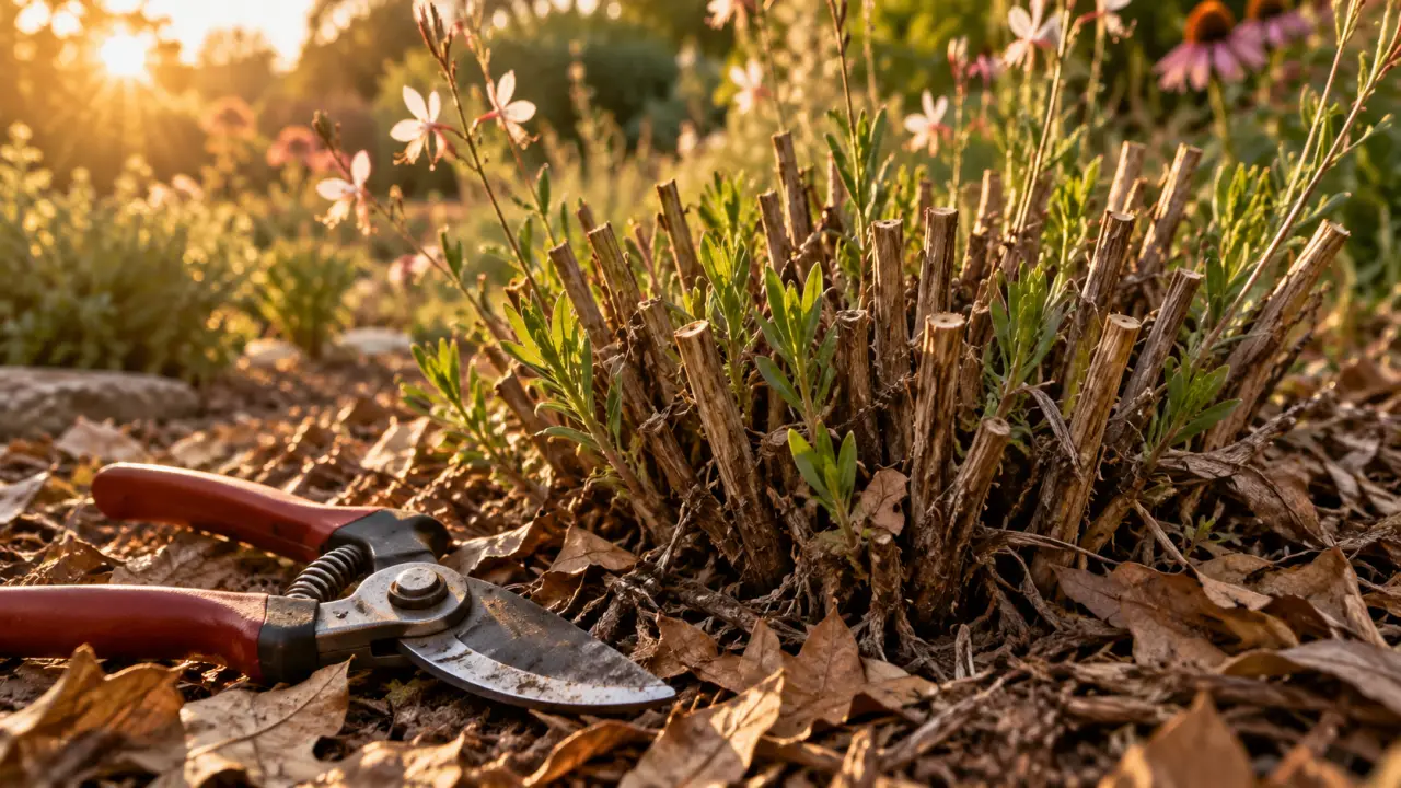 Gaura taille : sécateur et touffe taillée en fin d’hiver