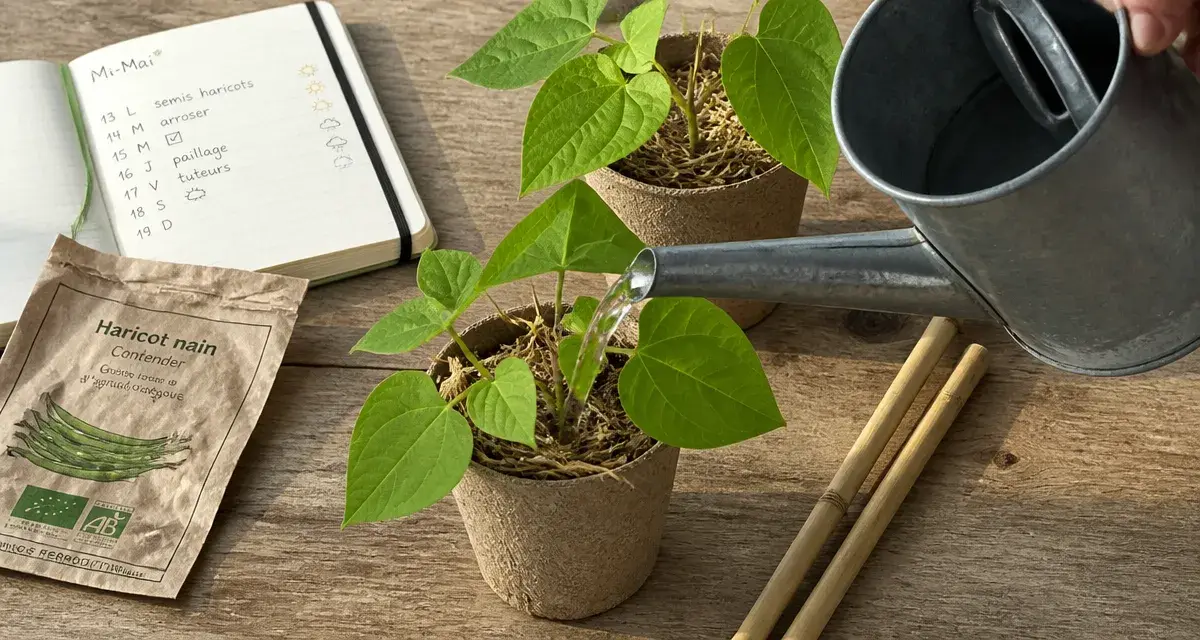 Haricots verts plantation : arrosage au pied des jeunes plants en godets biodégradables
