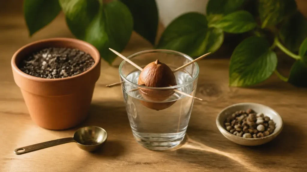 Noyau d’avocat : 20°, base immergée et rempotage à 10 cm