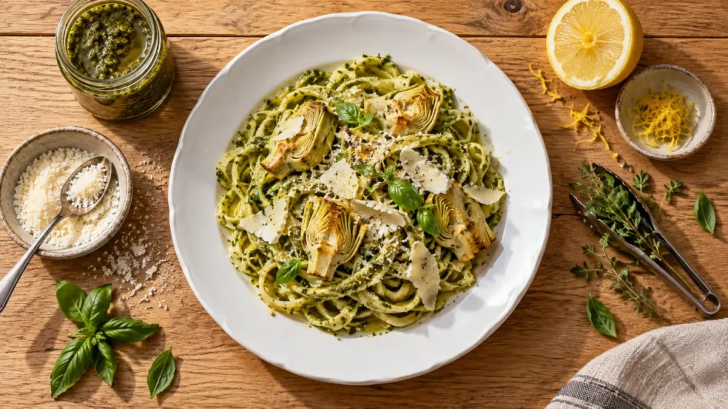 Recette avec coeur d artichaut : pâtes crémeuses au pesto et chèvre
