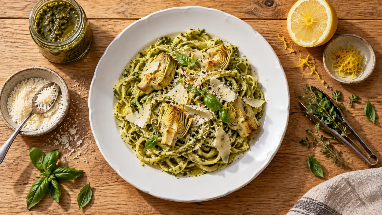 Recette avec coeur d artichaut : pâtes crémeuses au pesto et chèvre