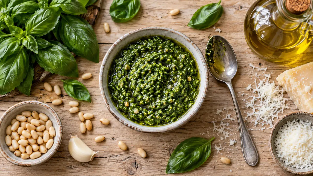 Recette pour pesto basilic maison sans amertume, bol de pesto vert et basilic
