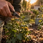 Taille chrysanthème : pincez au printemps une tige au sécateur