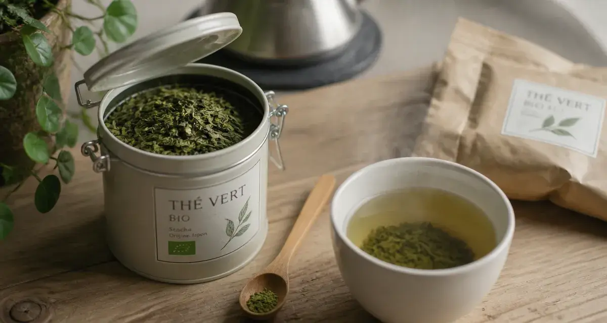 the vert bio : thé en vrac et infusion verte, vue de dessus sur table bois