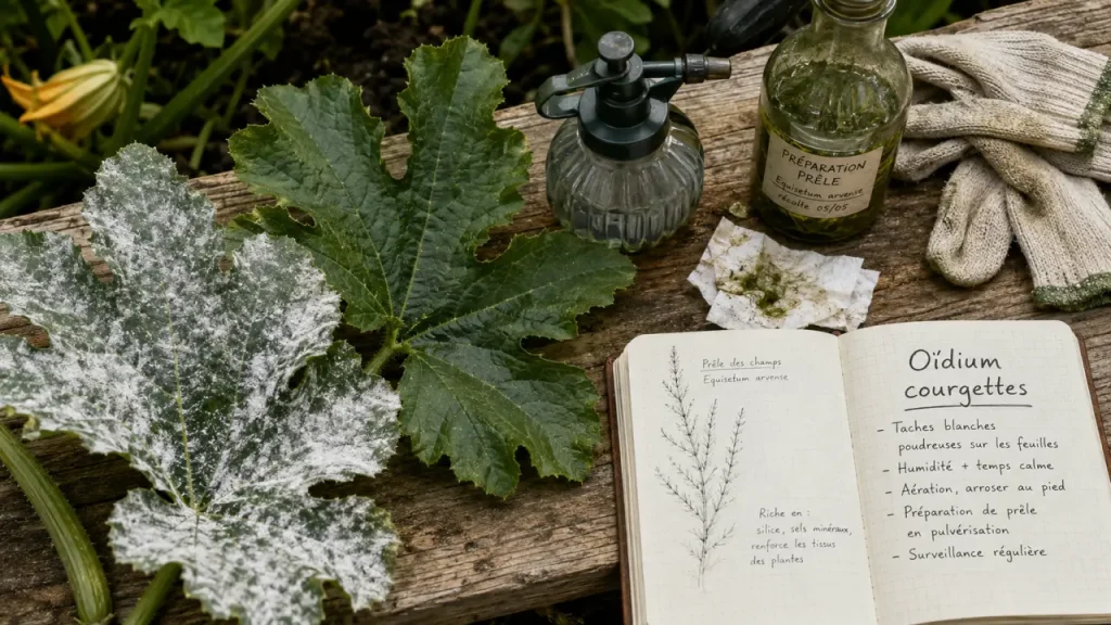 Feuille de courgette avec oïdium : traitement oïdium courgette