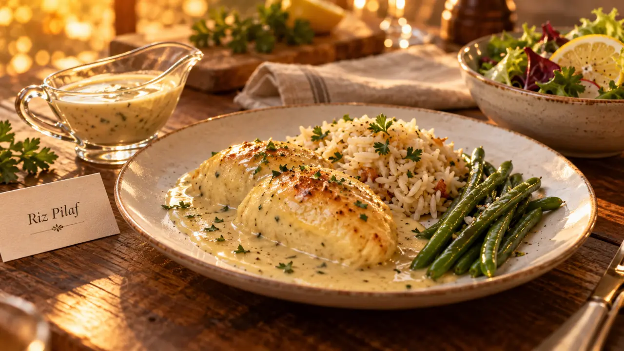 Accompagnement pour quenelles : quenelles nappées de sauce avec riz pilaf et haricots verts