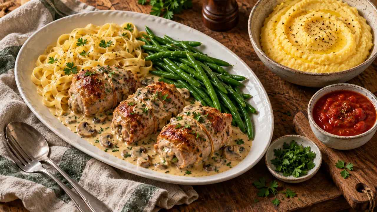 Accompagnements paupiettes de veau : paupiettes en sauce, tagliatelles et haricots verts
