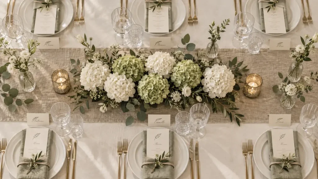 Decoration table mariage avec nappe ivoire, hortensias et marque-places