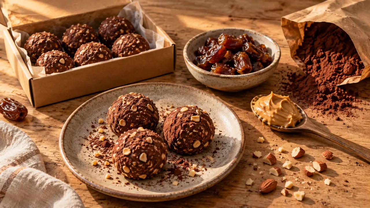 Energy balls cacao-cacahuète, sans cuisson, texture moelleuse