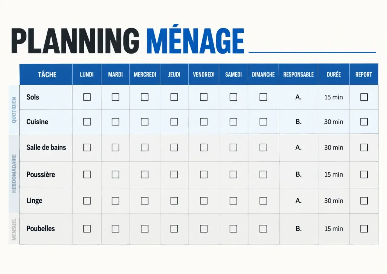 Aperçu visuel d’un planning nettoyage maison PDF hebdomadaire avec cases à cocher