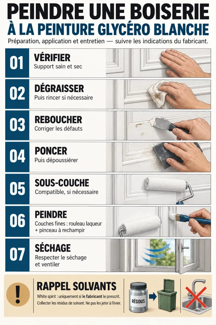 Étapes d'application d'une peinture glycero blanche sur une boiserie