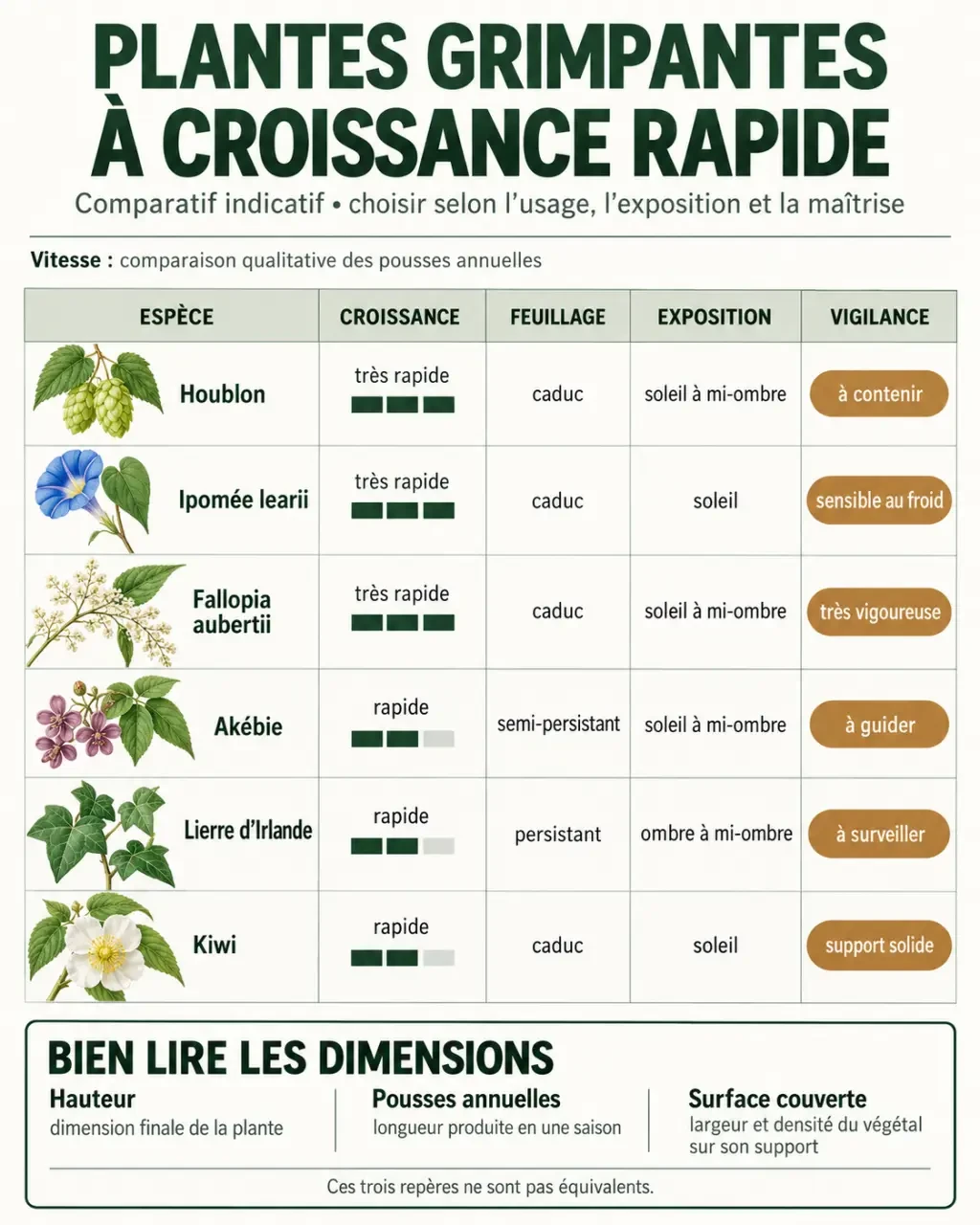 Infographie sur les plantes grimpantes croissance rapide, leur vitesse de pousse, leur feuillage et leur exposition