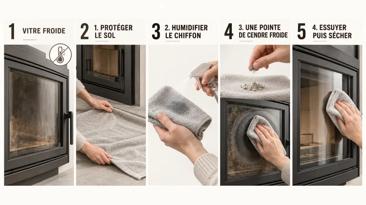 Étapes du nettoyage vitre insert naturel avec cendre froide et chiffon doux