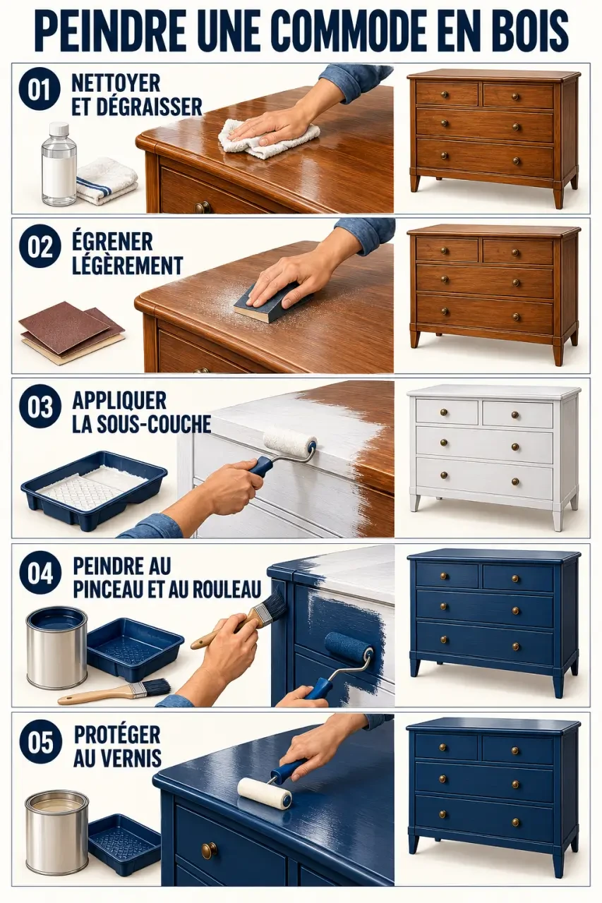Étapes pour appliquer une peinture pour meubles en bois, du nettoyage au vernis