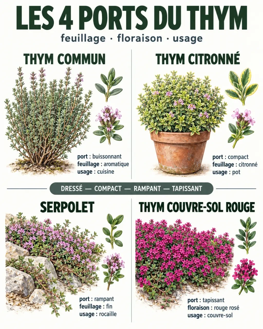 Infographie des principales variétés de thym avec ports buissonnant et rampant, feuillages et floraisons variés