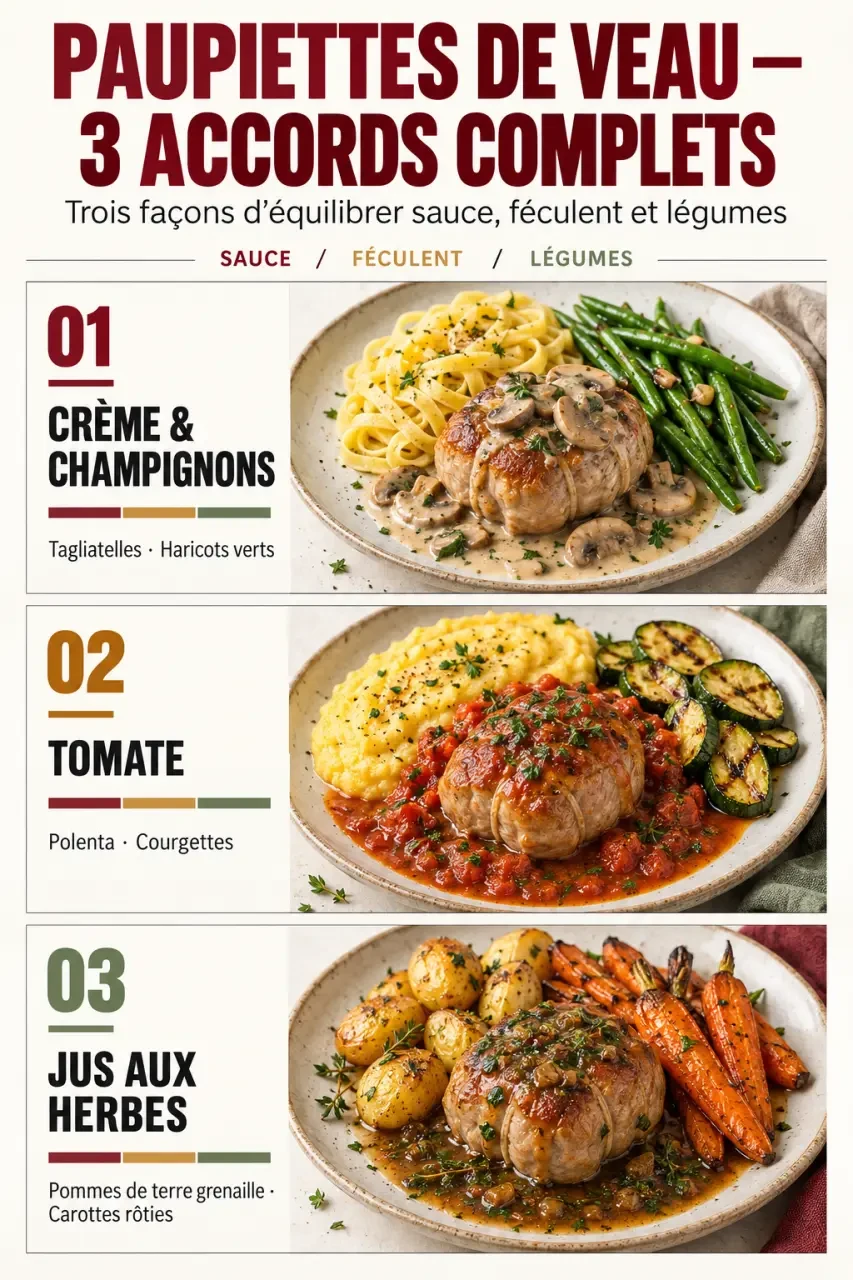 Accompagnements paupiettes de veau selon la sauce avec féculents et légumes