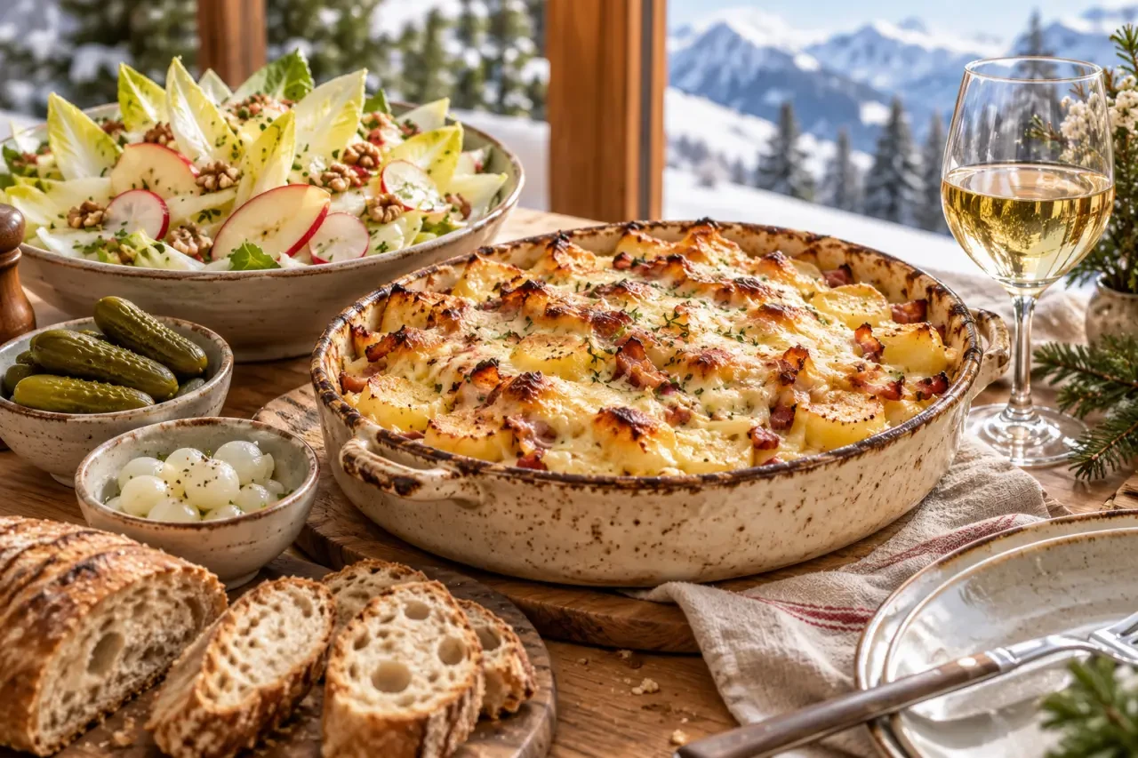 Accompagnement tartiflette avec salade d’endives, pommes, radis et cornichons