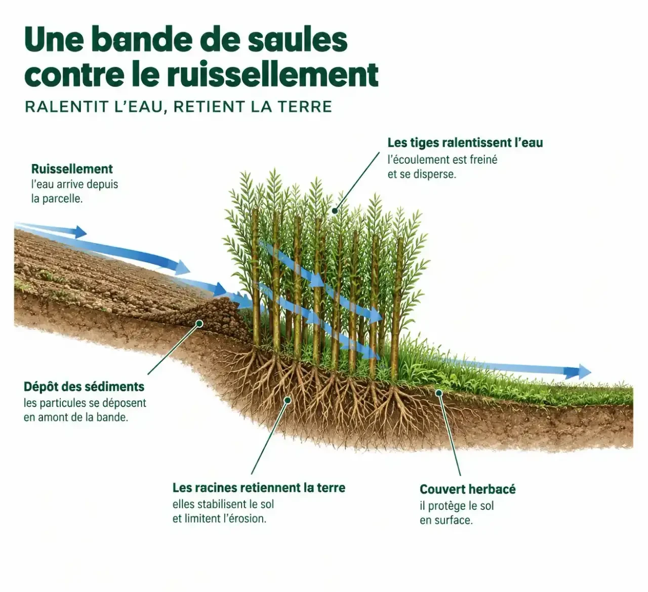 Schéma d'une plantation de saules en bande hydraulique : ralentissement du ruissellement, racines, couvert herbacé et sédimentation