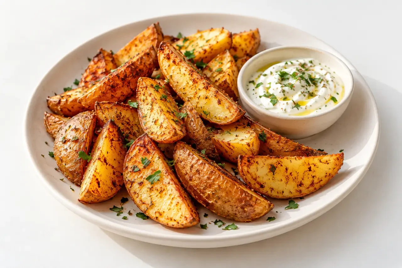 Potatoes au four maison croustillantes et fondantes servies avec une sauce au yaourt