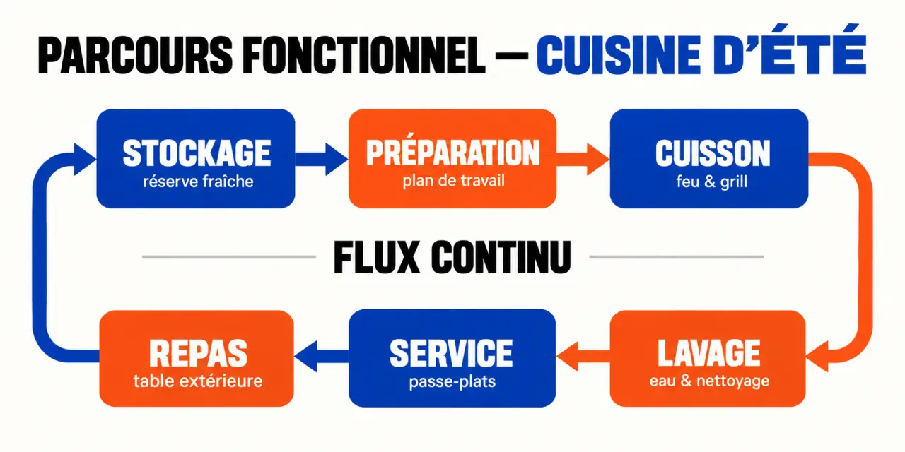 Schéma du parcours fonctionnel pour aménager une cuisine d'été dans son jardin : stockage, préparation, cuisson, lavage, service et repas