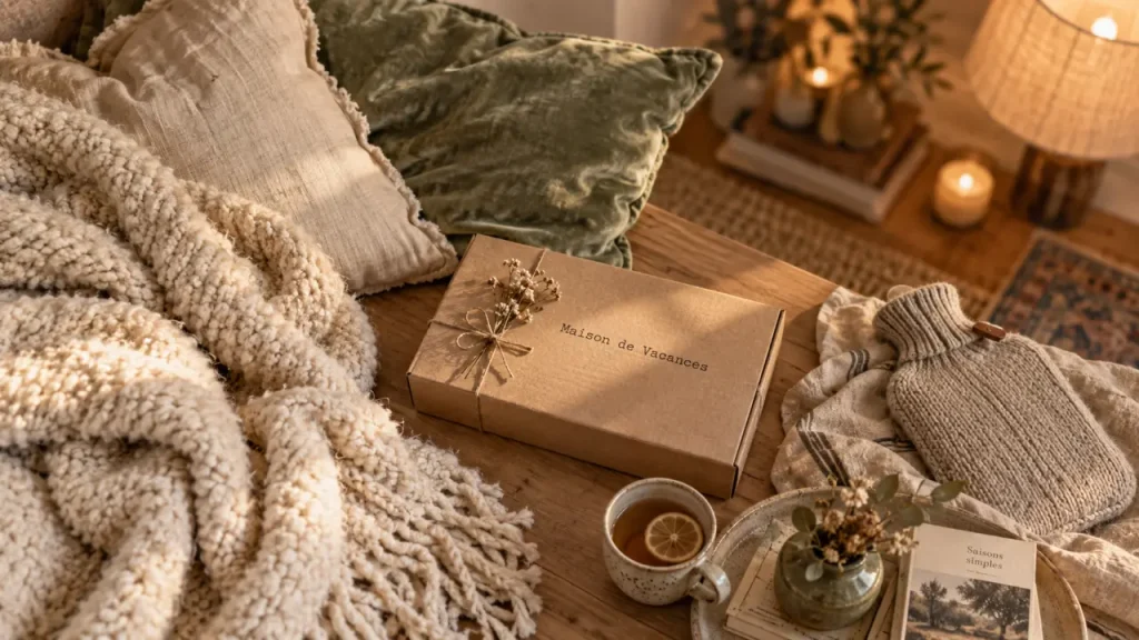 maison de vacances déco catalogue : coussins et plaid sur table en bois clair