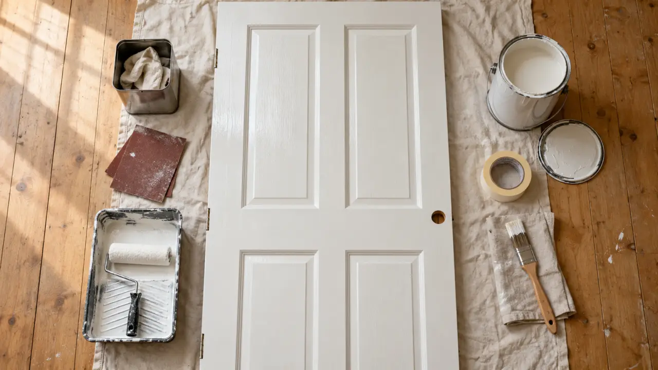 Peinture glycero blanche sur porte intérieure, rouleau et pinceau, rendu lisse